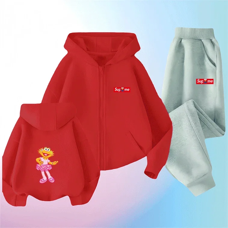 

Hot Sale Sesame Street Girls Kids Zip Up Hoodie Set Cute Cartoon Printed Warm Windproof Autumn Winter New