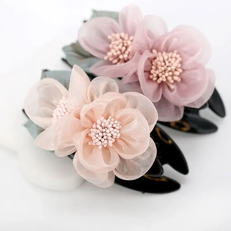 Fashion Silk Yarn Flower Hairpin Hair Accessories for Women Retro Elegant Acrylic Duckbill Clip Headwear Mom Jewelry Tiara Gift