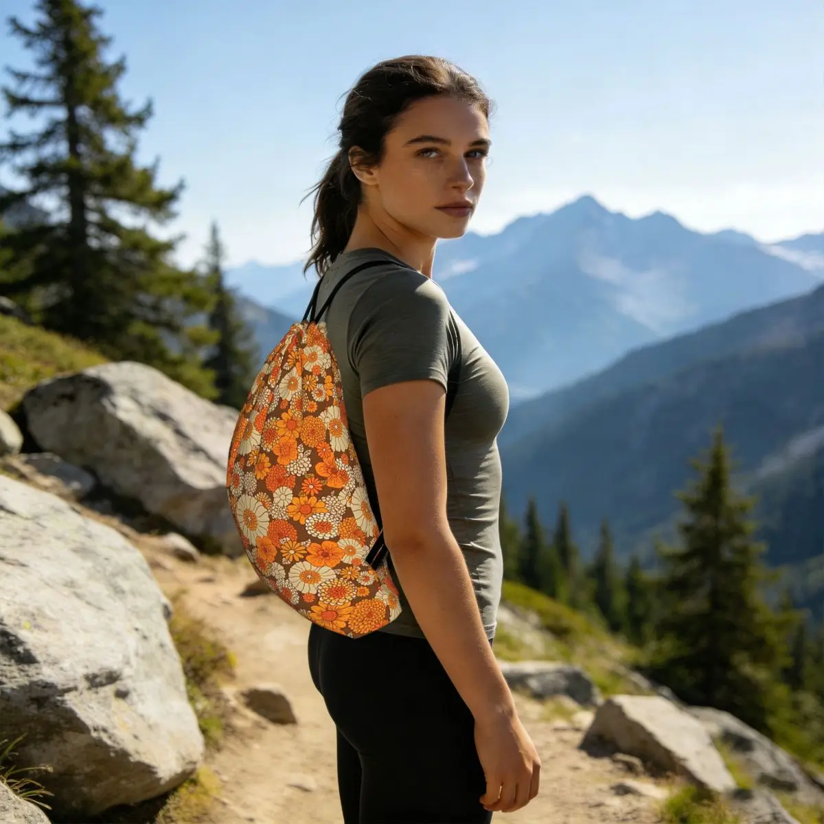 Orange And Yellow Flowers Pattern Backpacks Casual Drawstring Bags Sports Bag Book Bags for Man Woman School