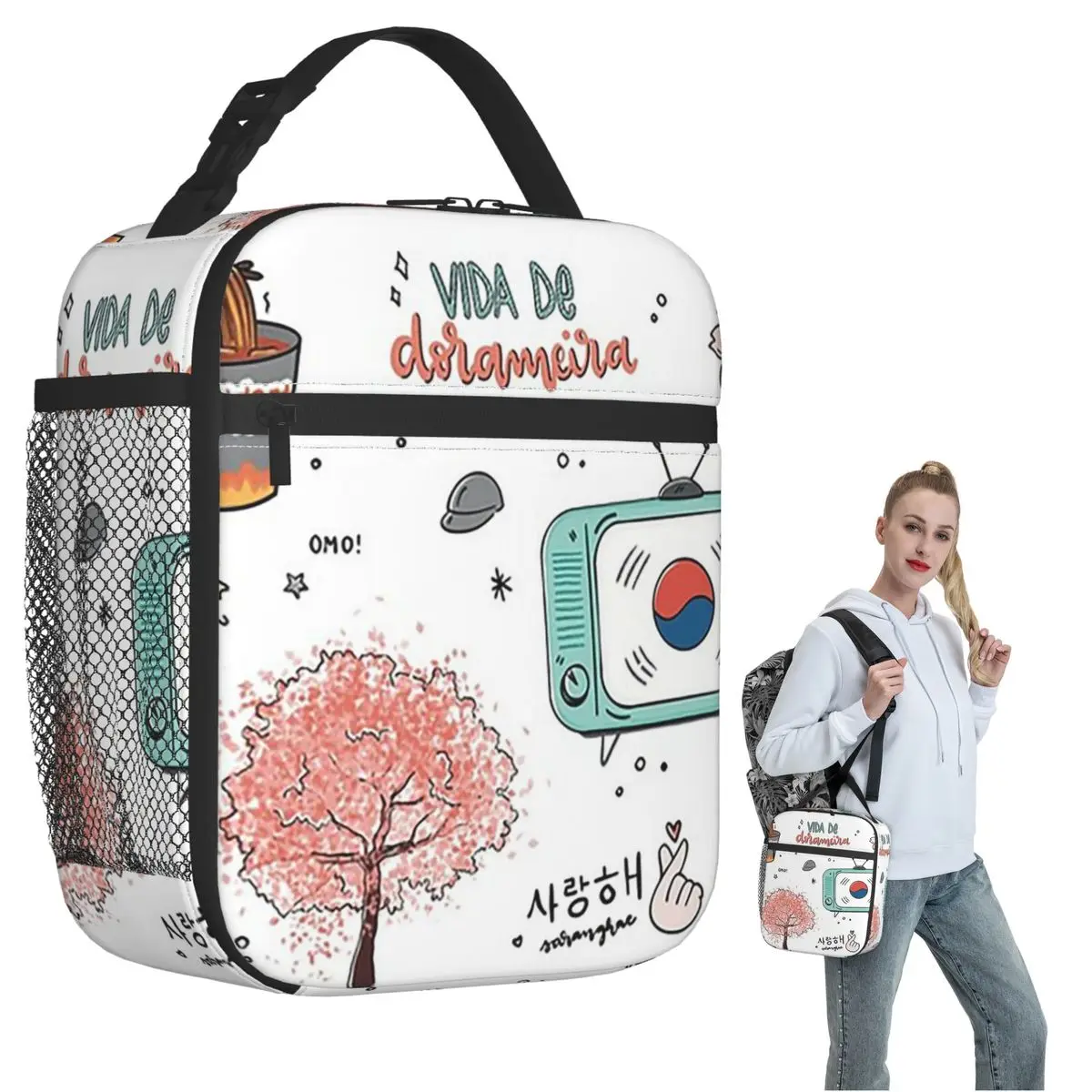Bolsa térmica para el almuerzo con diseño de flor de cerezo de Corea, Kdrama Dorama, drama coreano, K-drama, Soju, para mujeres y niños, cajas de comida, lonchera térmica
