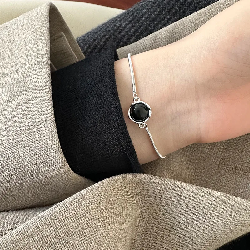 

925 sterling silver irregular round tiger eye stone black agate bracelet simple and fashionable versatile snake bone bracelet