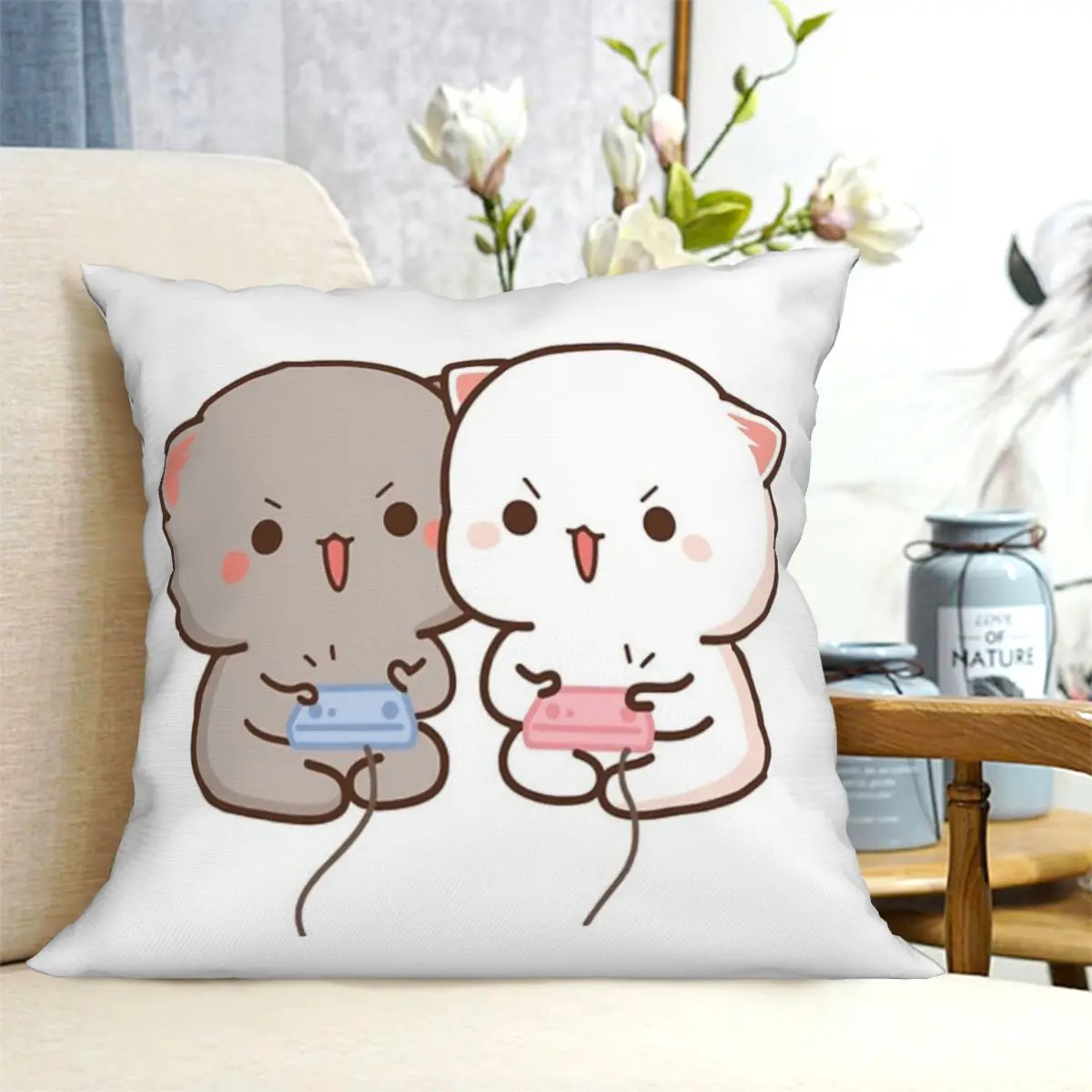 Peach And Goma Mochi Cat Gaming 2 Cushion Pillow Cover Summer Bedroom Pillow Cover Home Decoration Customizable