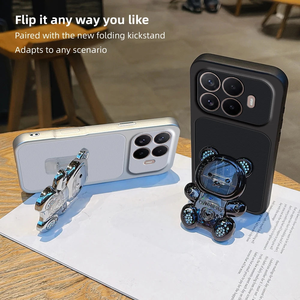 Funda de Teléfono con Soporte de Oso 3D y Textura de Litchi para Xiaomi 17T 17 Pro Max 15 Ultra 15T 14T 13T 12 con Cuerd