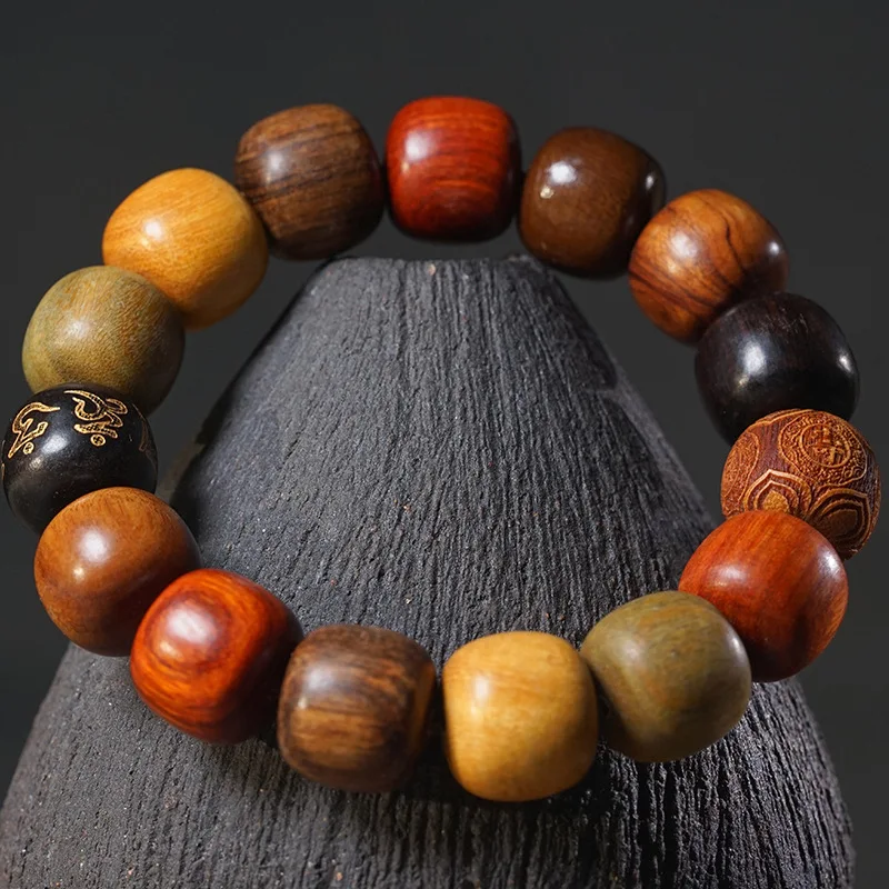 Multi-bead traditional style six-character mantra bracelet made of rosewood, green sandalwood, and black sandalwood, unisex pray