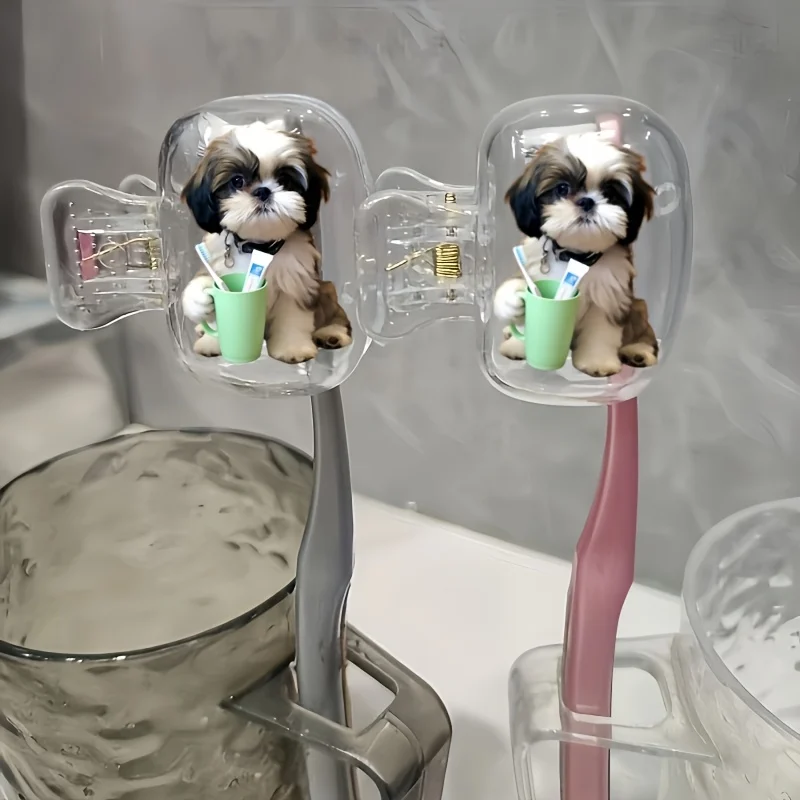2pcs Shih Tzu Holding a Toothbrush Cup Portable Toothbrush Head Cover Bathroom Accessory for Home And Business Travel Daily Use