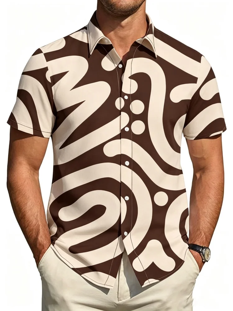 Men's abstract curve printed short sleeved shirt, summer casual loose collar, daily commuting shirt