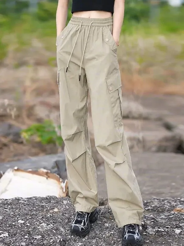 American Style Straight Leg Work Pants Women's Summer New Elastic High Waist Thin Loose Casual Sports Cuffed Trousers