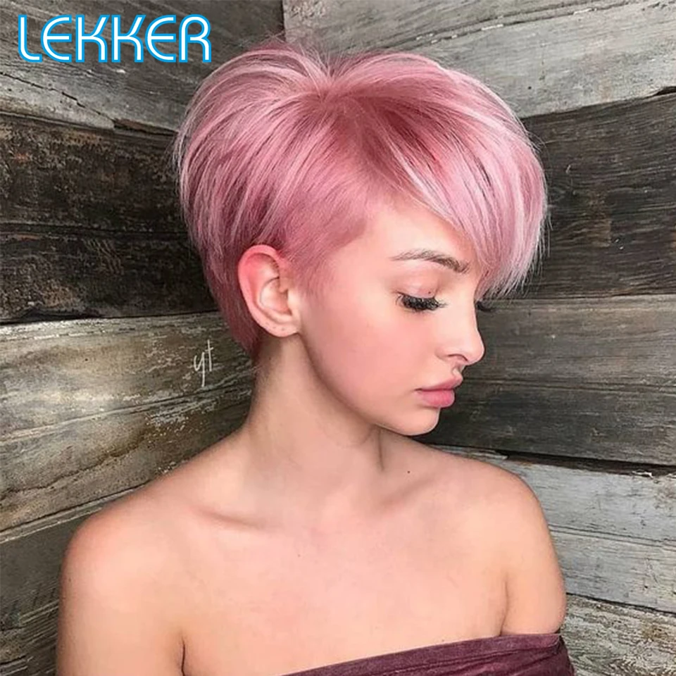 Lekker Pink Short Pixie Cut Straight Bob Human Hair Wig For Women Brazilian Remy Hair Cheap Glueless Colored Machine Made Wigs