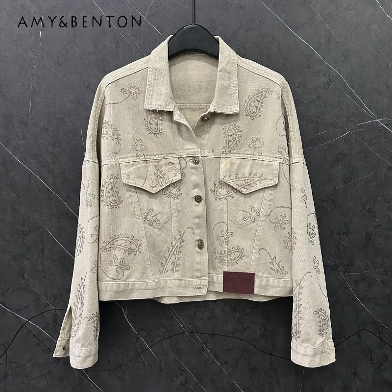 

2025 Autumn Heavy Industry New Rhinestone Design Short Long Sleeved Denim Shirt Jacket Ladies Loose Fashion Top Kawaii Blusas
