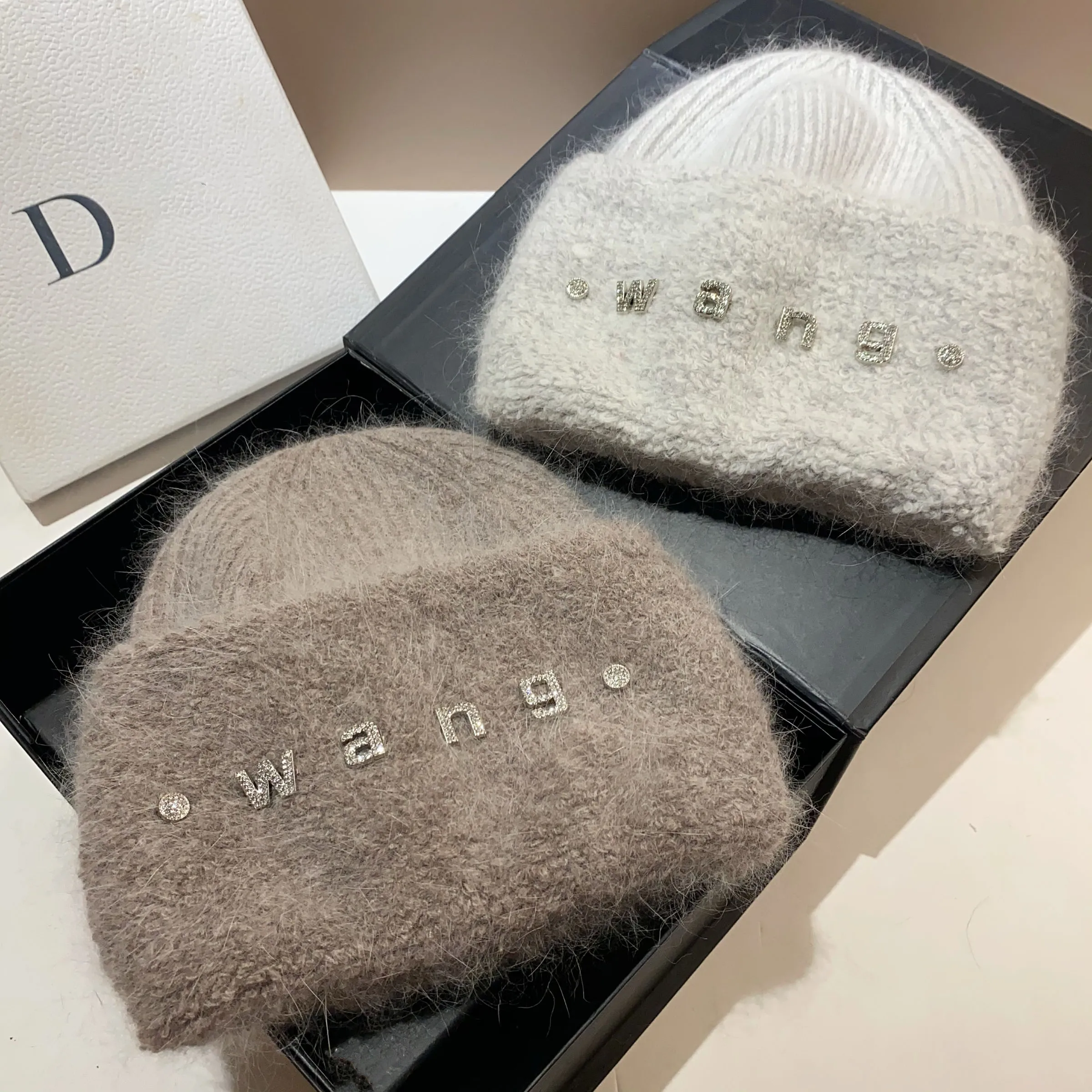 Rhinestone letters new rabbit fur knitted hat winter Nordic cold warmth thickened double fold circle plush ear protection hat