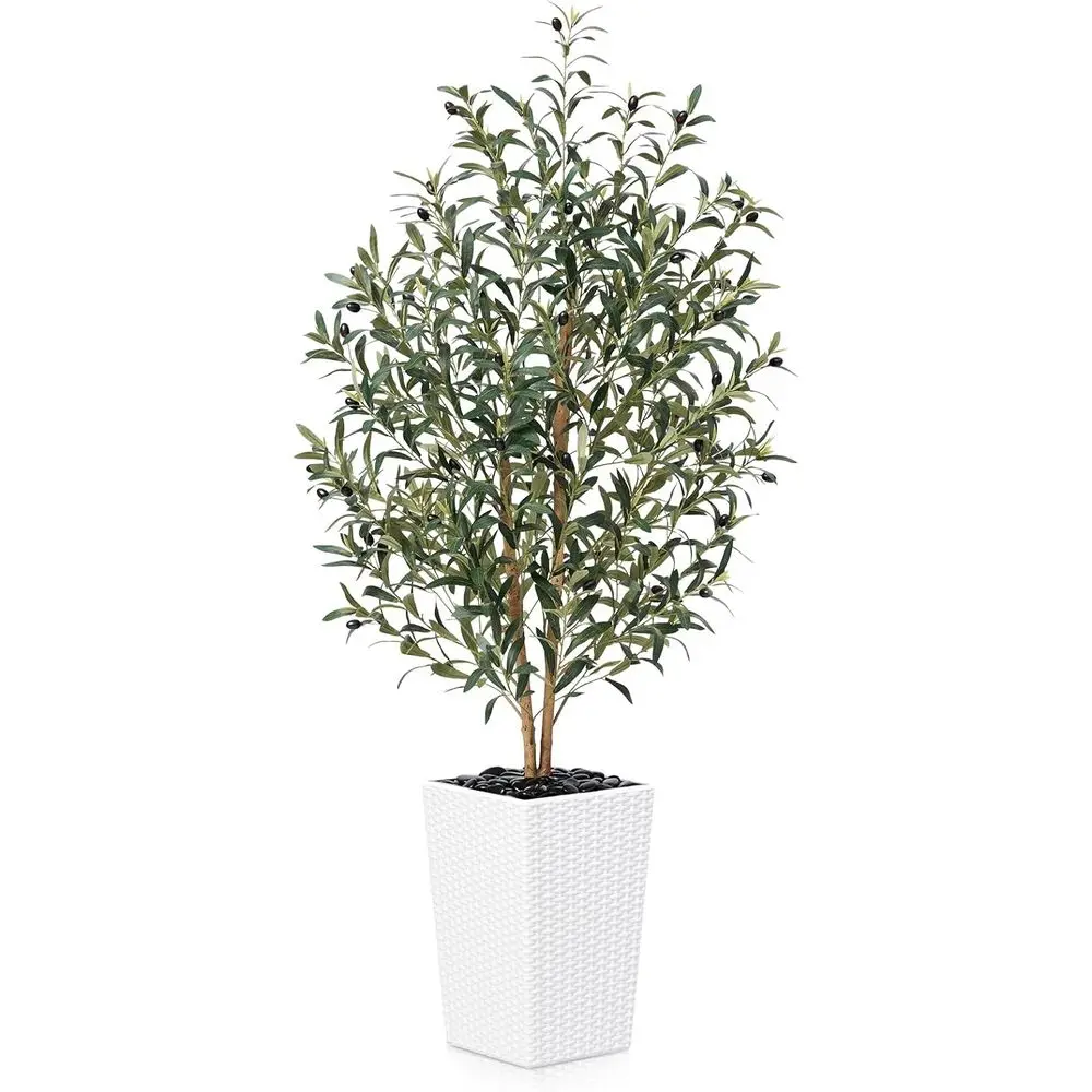 

5-футовое искусственное оливковое дерево с регулируемыми ветками, устойчивым к ультрафиолетовому излучению, белым кашпо и гальками для помещений в гостиной