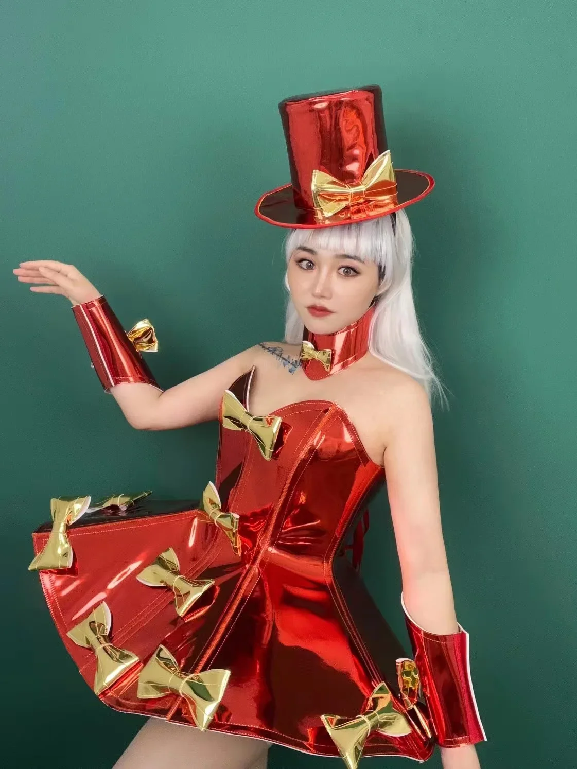 New Bow Dress+Hat+Cuff Neck Outfits Bar Nightclub Singer Dance Stage Birthday Party Amusement Park Tour Armor Christmas Costume