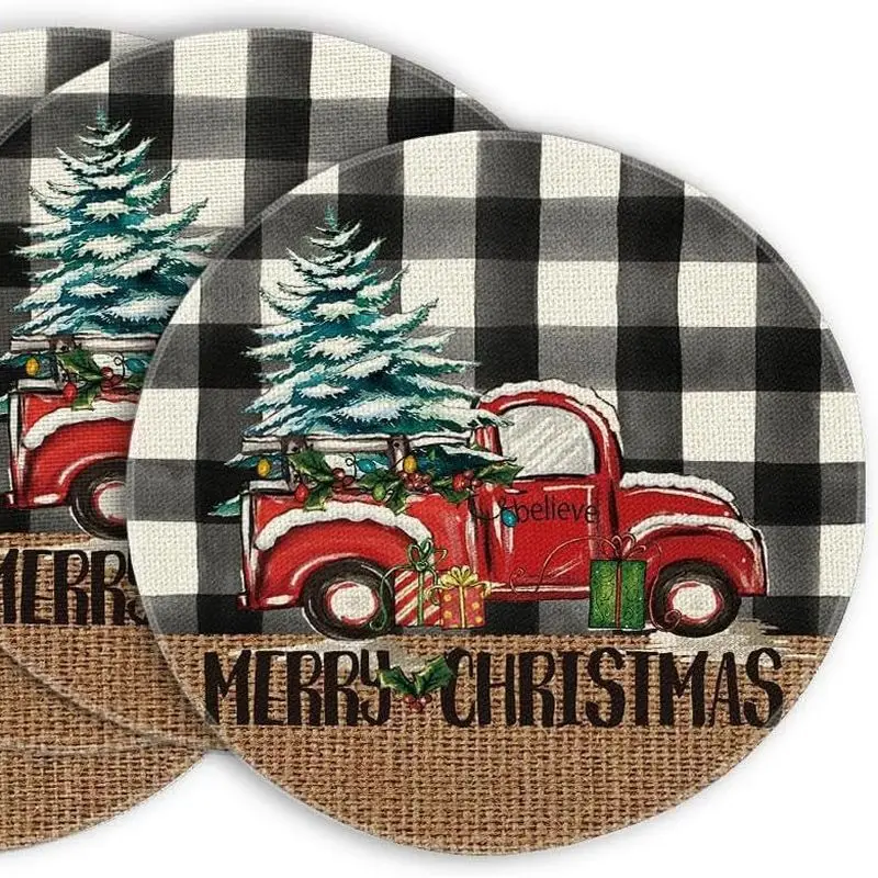 Vintage Red Truck Christmas Tree Round Christmas Meal Mat Wear resistant Plate Mat Home Table Decoration Meal Mat