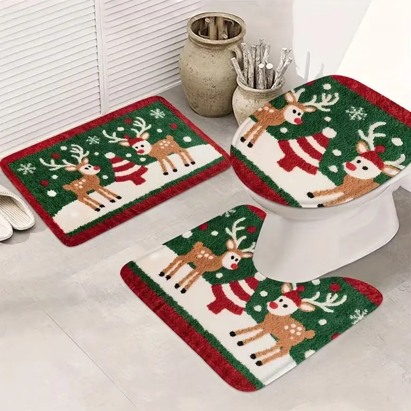 VIKAMA Tartan Plaid Toilet Mat Merry Christmas Script Red Black Snowflake Bathroom Rug for Toilet Winter Home Decor Gift