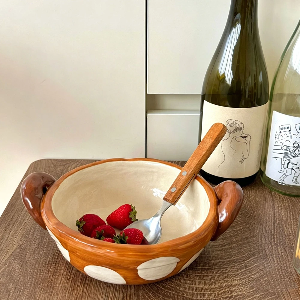 Ceramic Double Handle Bowl Retro Wood Grain Scalloped Edge Oven Safe Soup Dish Home Kitchen Salad Ramen Bowls Dinnerware