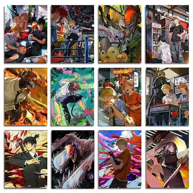 أنيمي ياباني منشار كهربائي رجل ملصقات اللوحة قماش ، ماكسيما دينجي باور اكي فريق ، HD طباعة جدار الفن #1