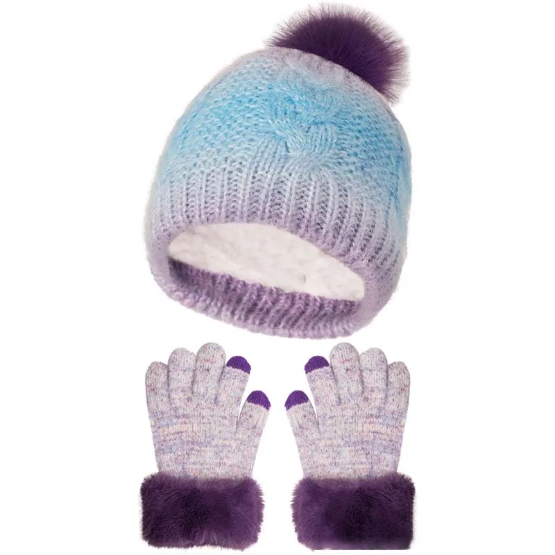 Kids Winter Hat Gloves Set Girls Knitted Colorful Glove Cute Pompom Beanie Hats Outdoor Soft Warm Children Protective Sets 4-6Y