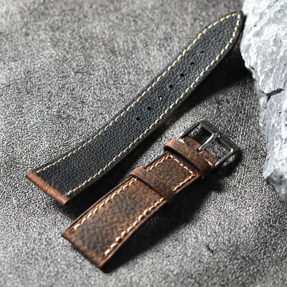 Handmade Soft Genuine Leather Strap 22MM*18MM, Brown Men\'s Vintage Style, Suitable For Antique Watch Bracelets