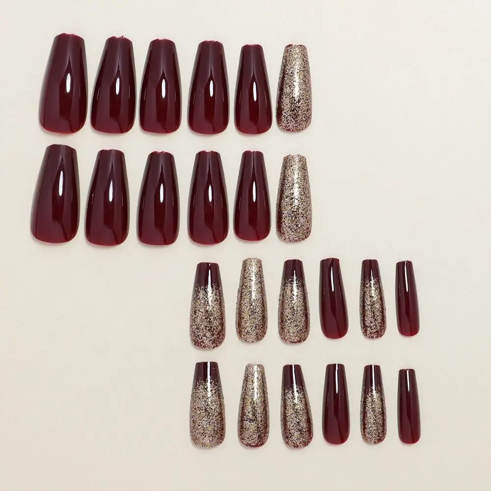 24pcs Coffin Fake Nails Flash Gold Powder Wine Red French Ballerina False Nail Press on Nails Waterproof Faux Fingernails