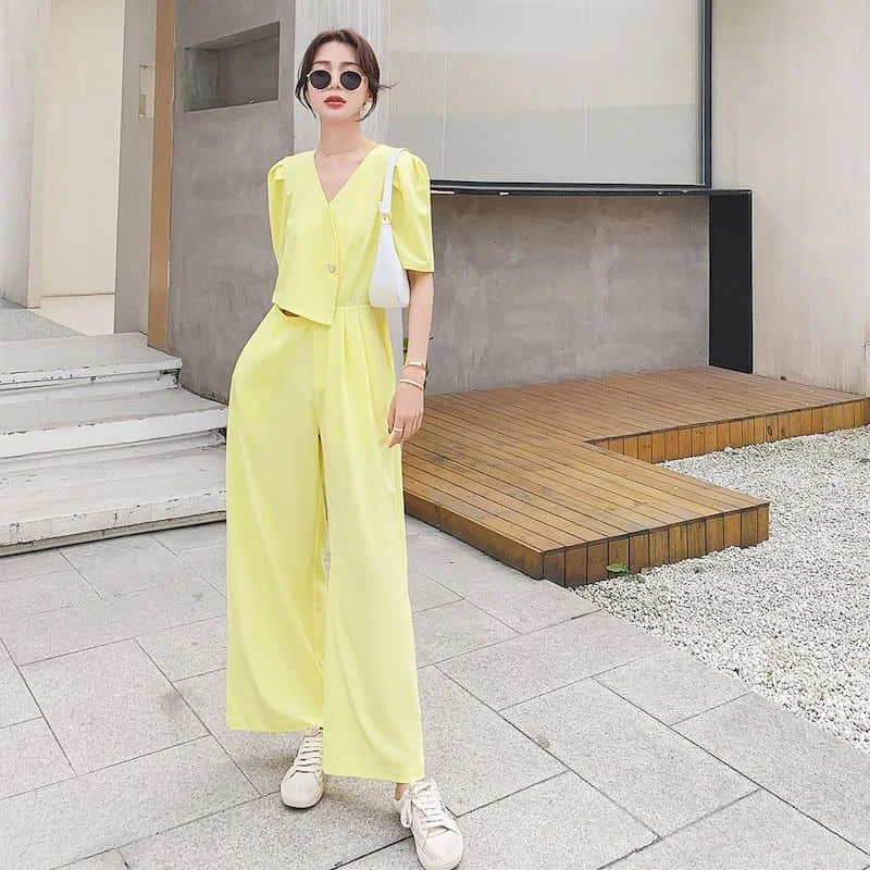 

Elegant Jumpsuits for Women Lemon Yellow Half Sleeve Playsuits One Piece Outfit Women High Waist Wide Leg Pants Women Clothes