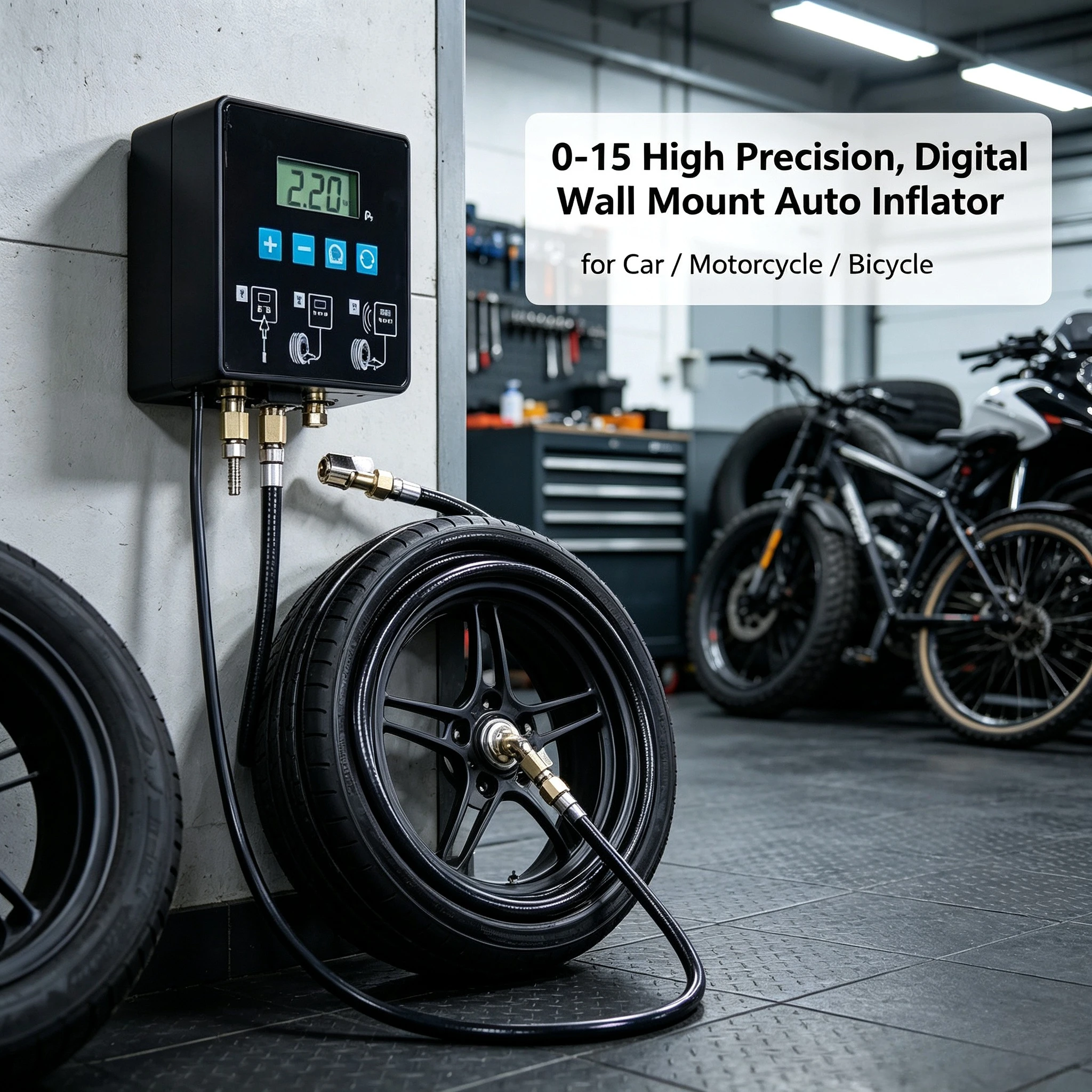 0-15 High Precision Digital Wall Mount Tire Inflator, Auto Air Pump for Cars, Motorcycles & Bicycles