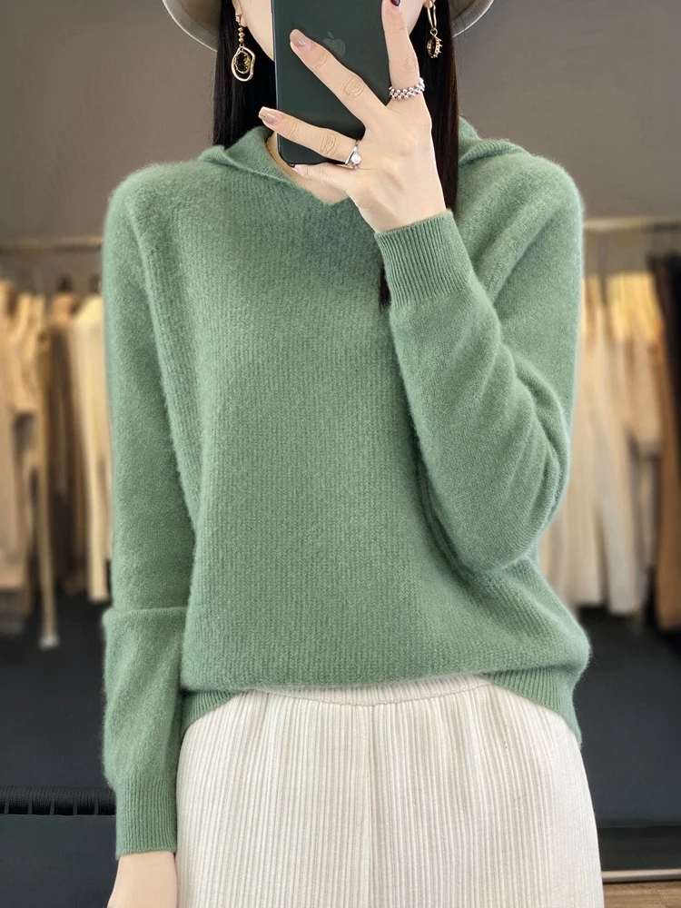 ADDONEE Women Basic Hooded Pullover Sweater 100% Merino Wool Long Sleeve Cashmere Knitwear Korean Popular Clothes Autumn Winter