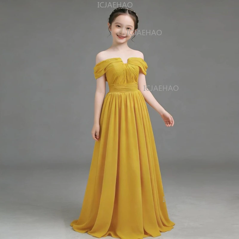 Children Girls Yellow Sleeveless Off Shoulder EveningHost Performance Birthday Violin Costume Dress Vestido Kids Model Piano