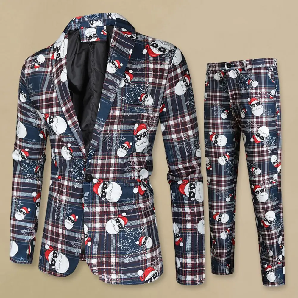 Men Slim Fit Suit Men New Year Suit Cartoon Santa Snowflake Print Plaid Pattern Men\'s Party Suit Set with Color Matching Lapel