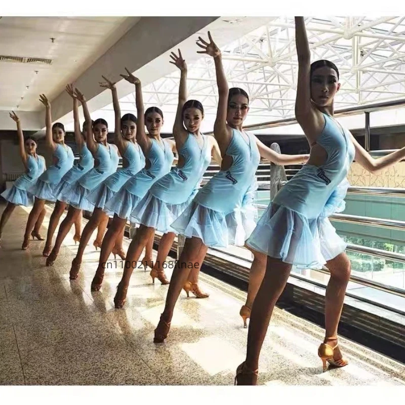 2025 الرقص اللاتيني عارية الذراعين معلقة الرقبة الأزياء الراقية تصميم المنافسة زهرة اللباس الكبار مرحلة الأداء تنورة #6