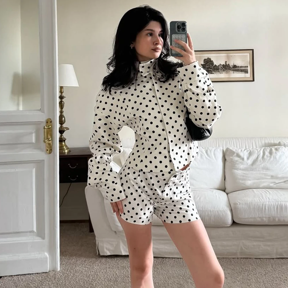 

Ticketsx Polka Dots Short Set Women's Stand Collar Single Breasted Top High Waist Short Set Female Casual Loose Commuter Outfit