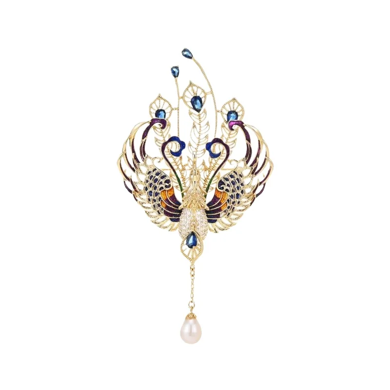 

Real gold electroplated Hundred Birds Chaofeng Luxury Phoenix Brooch Female Pearl Smart Fringed Pin
