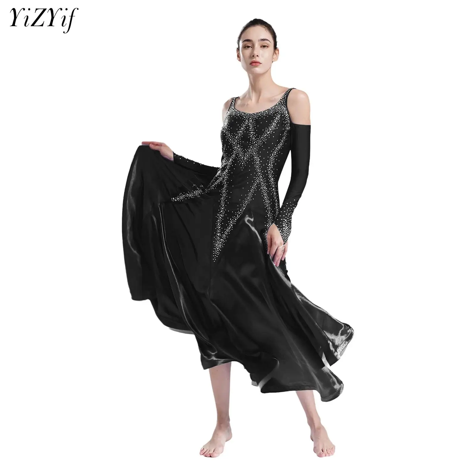 Women Ballroom Dance Dress Cold Shoulder Wide Hemline Rhinestone Leotard Dress Modern Jazz Waltz Stage Performance Dancewear