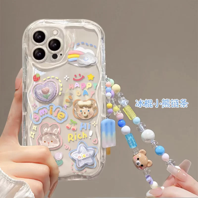 Clear 3D Bear Hang Case for Samsung S24 Ultra S23 Plus A54 A52 A52S A53 A32 A04 A04E A13 A14 A23 A24 A33 A34 A50 Bracelet Cover