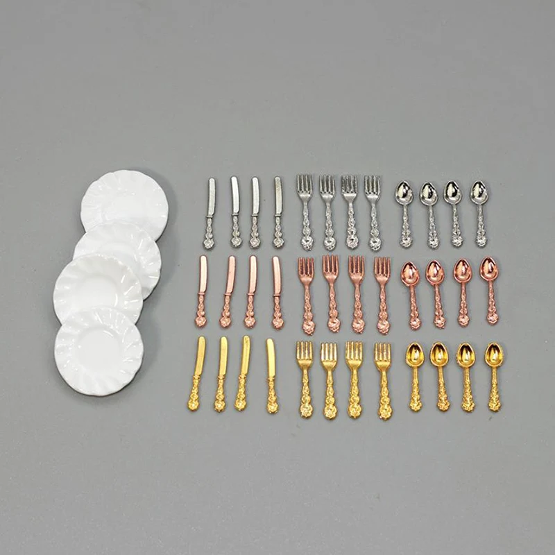 16Pcs Miniature Knife Fork Spoon Plate Tableware Dollhouse Kitchen Decoration Accessories Furniture Toys