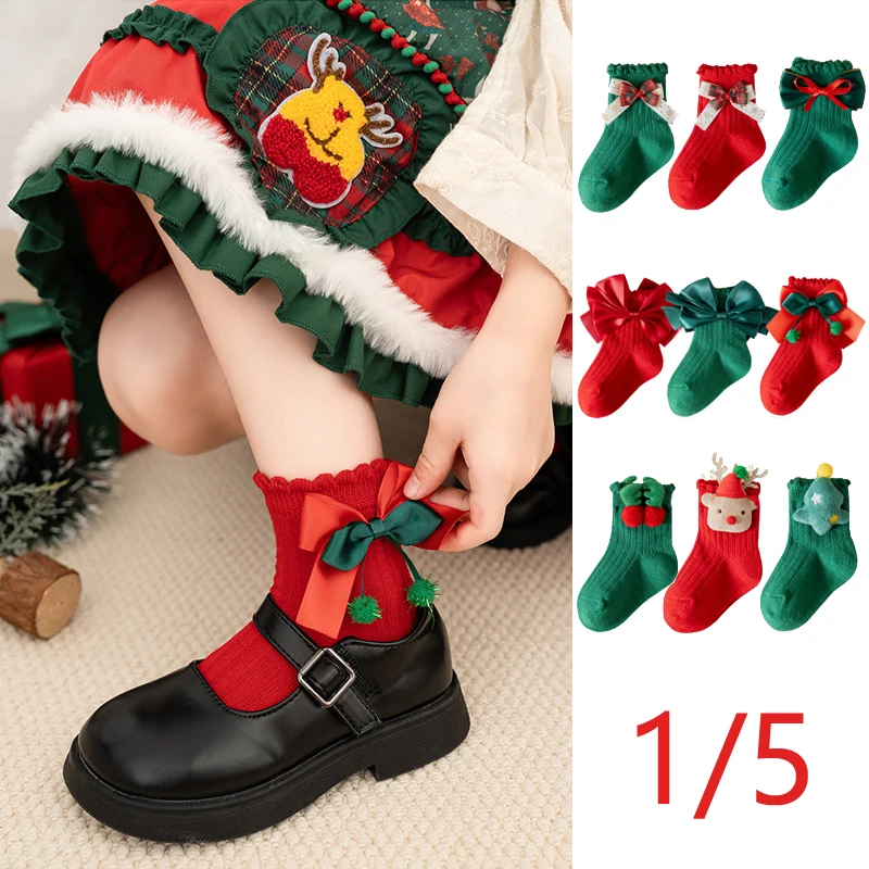 1/5 Pairs Kids Christmas Socks For Girls Winter 2026 New Baby Children Cute Cartoon Deer Bowknot Red Green Xmas Cotton Sock