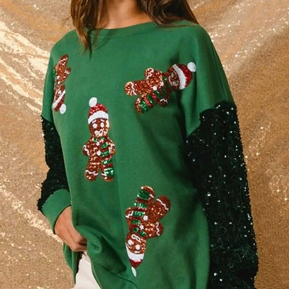 Christmas Santa Claus Sweatshirt Christmas Sweater Sequin Cartoon Pattern Christmas Sweatshirt for Women Festive Holiday Party