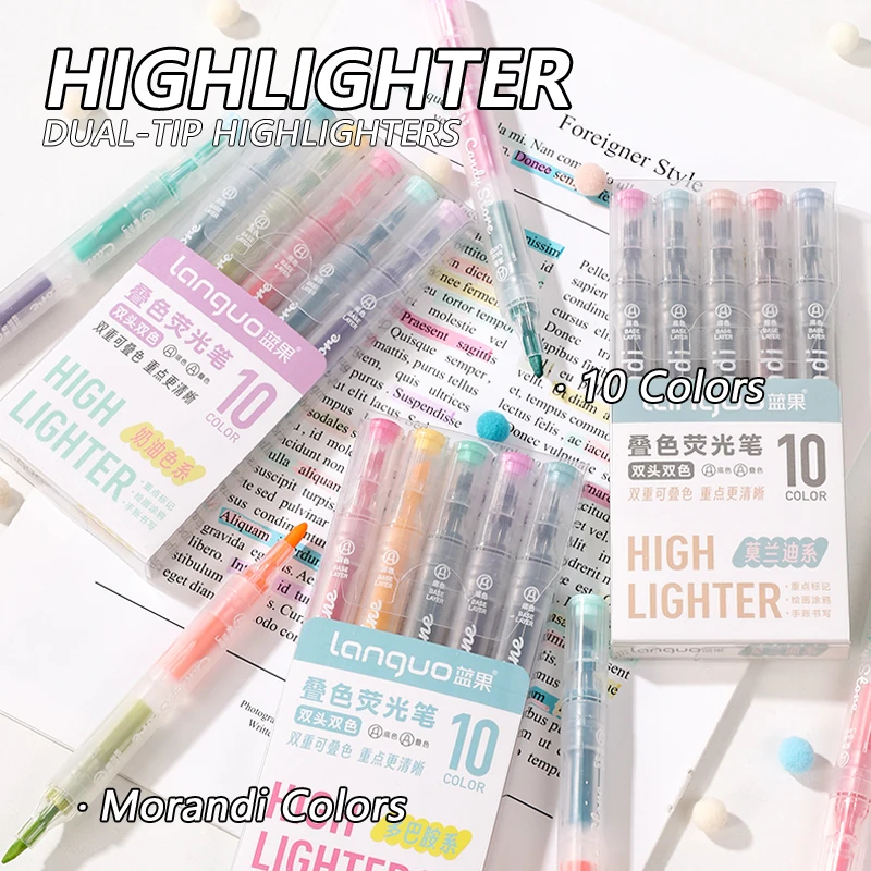 

10 Colors/Box Dual-Tip Overlay Fluorescent Highlighter Set Multicolor Art Marker Pen for Note-Taking Journaling & Drawing