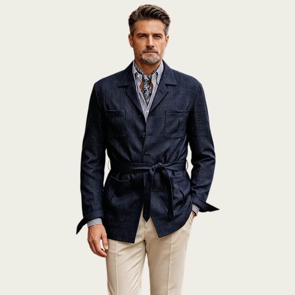 

Casual Linen Men's Suits with Belt Notched Lapel Single Breasted Groom Wedding Outfit Suit for Man Tuxedo Blazer Customized