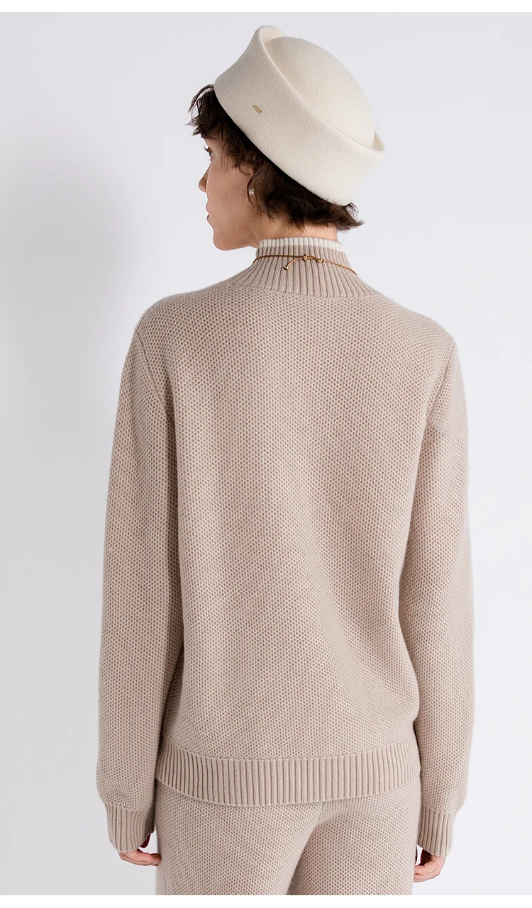 TX862184 Damen-Woll-Kaschmir-Mischung Pullover mit Stehkragen, geripptem Saum, entspannter Passform, LP Quiet Luxury, Frühherbst – Detail 6