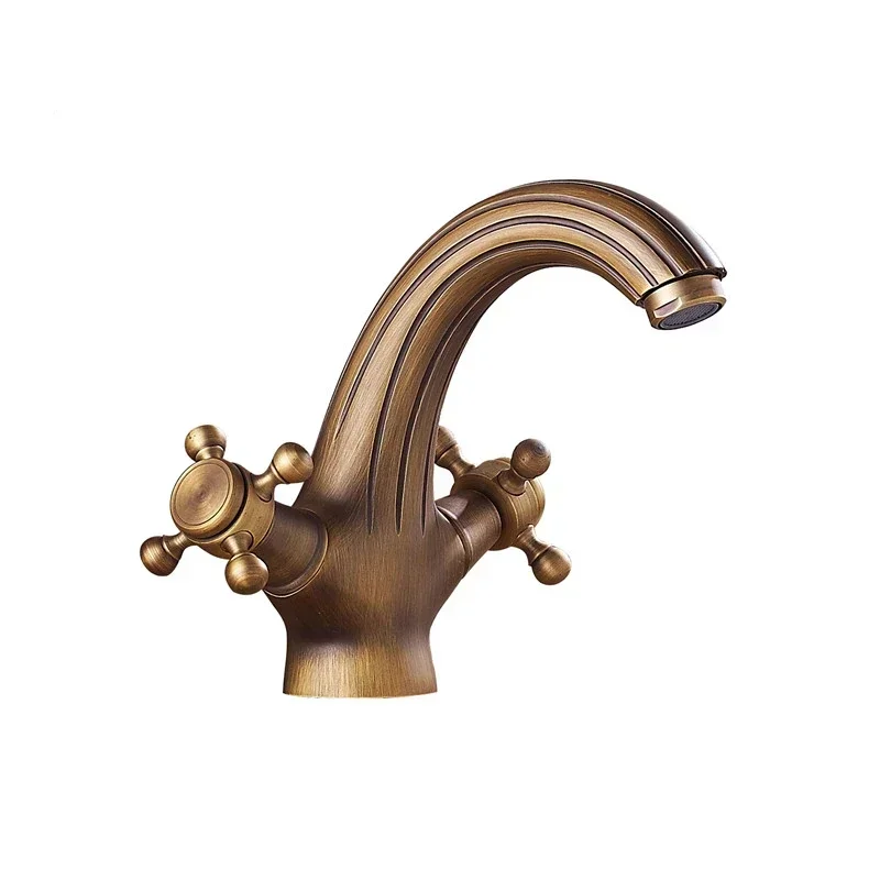 Basin Faucets Solid Brass Bathroom Water Taps Deck Mounted Dual Handle Faucet Antique Brass Hot Cold Mixer Taps