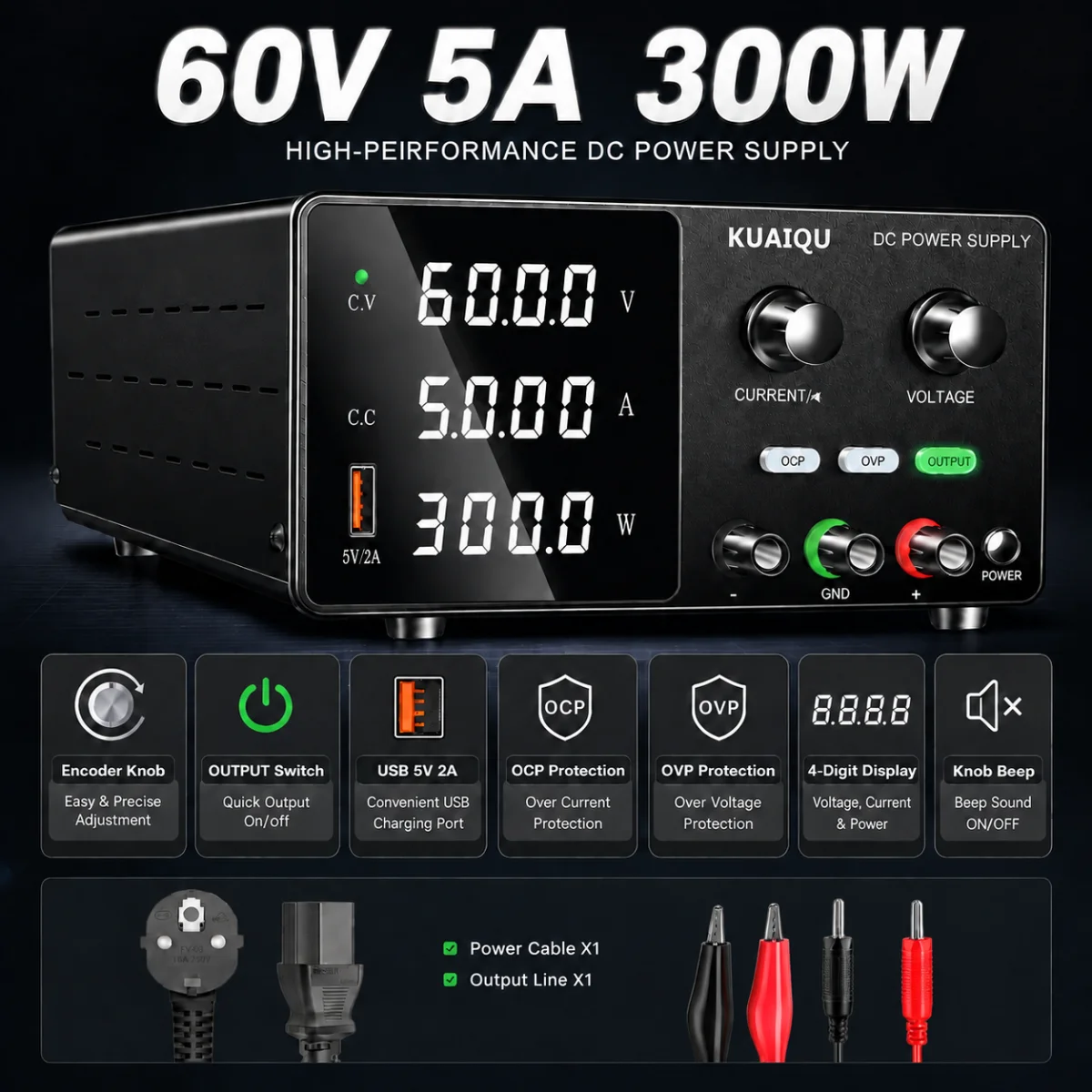 KUAIQU 30V 10A instelbare laboratoriumvoeding, DC 160V 2A 320W, met encoder, OCP- en OVP-beveiliging, USB-uitgang, voor elektronische reparaties.