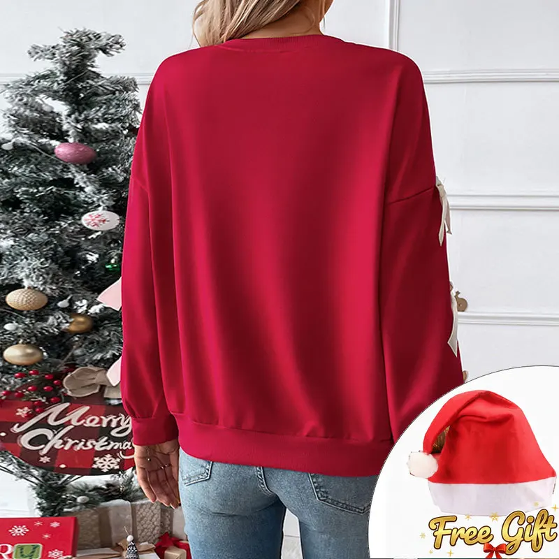 سويت شيرت نسائي أحمر لعيد الميلاد - تصميم بياقة دائرية مع لمسة فيونكة لأزياء النمط الاحتفالي للتأثيري واللباس