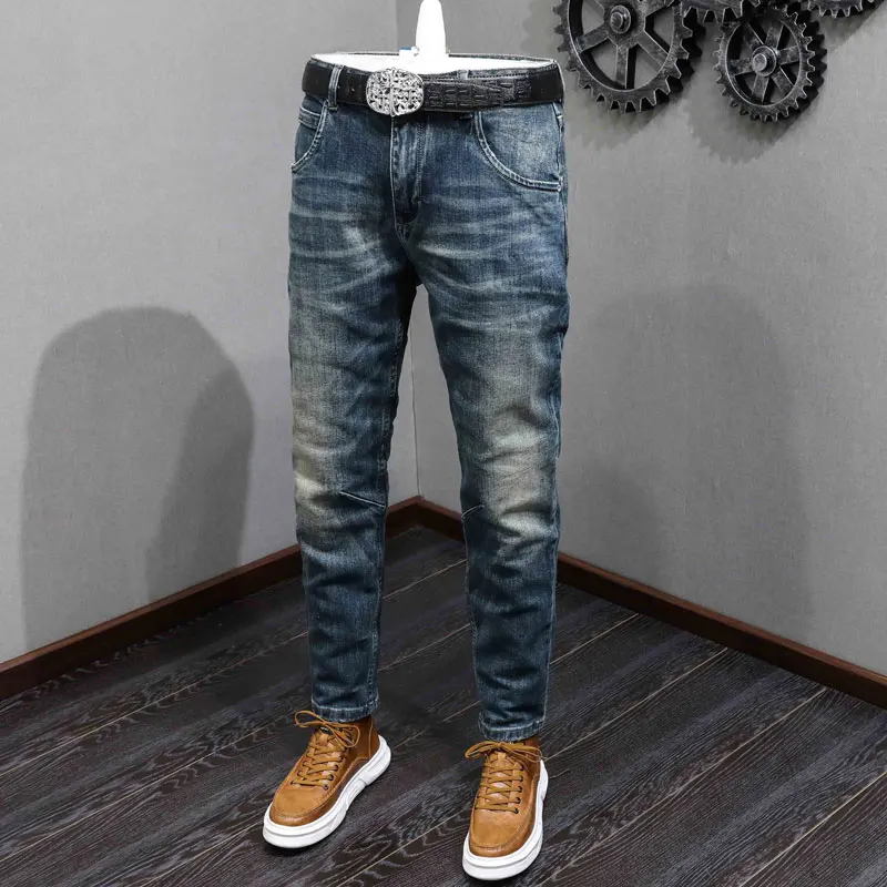 Fashion Designer Men Jeans High Quality Retro Washed Blue Stretch Slim Fit Ripped Jeans Men Spliced Vintage Denim Pants Hombre