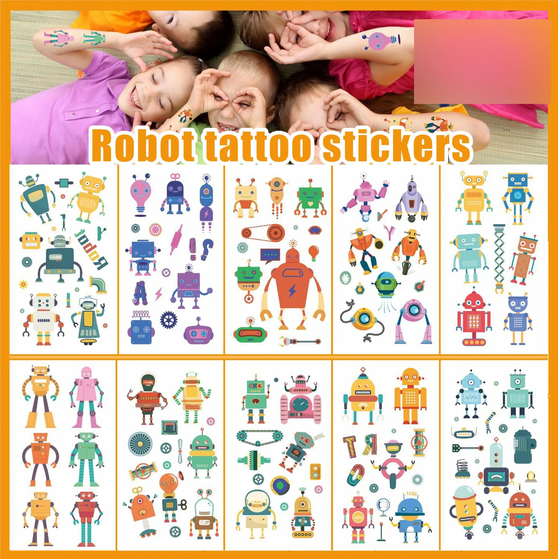 10 Children\'s Tattoo Stickers Robot Little Boy Face Arm Temporary Cartoon Disposable Stickers