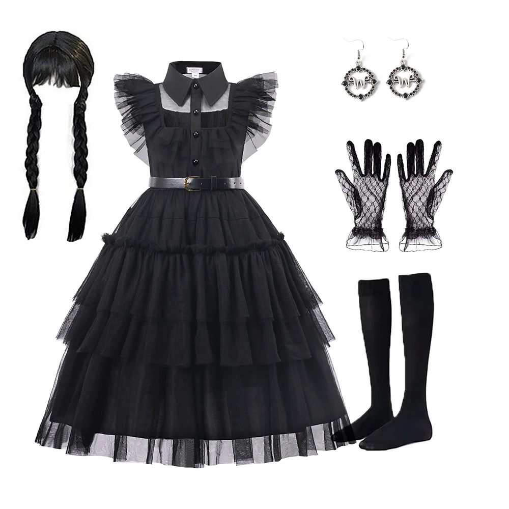 Halloween Wednesday Merlina Adams Girl Costume For Kids Girl Fancy Carnival Party Tulle Dress Gothic Outfit Vestidos Children