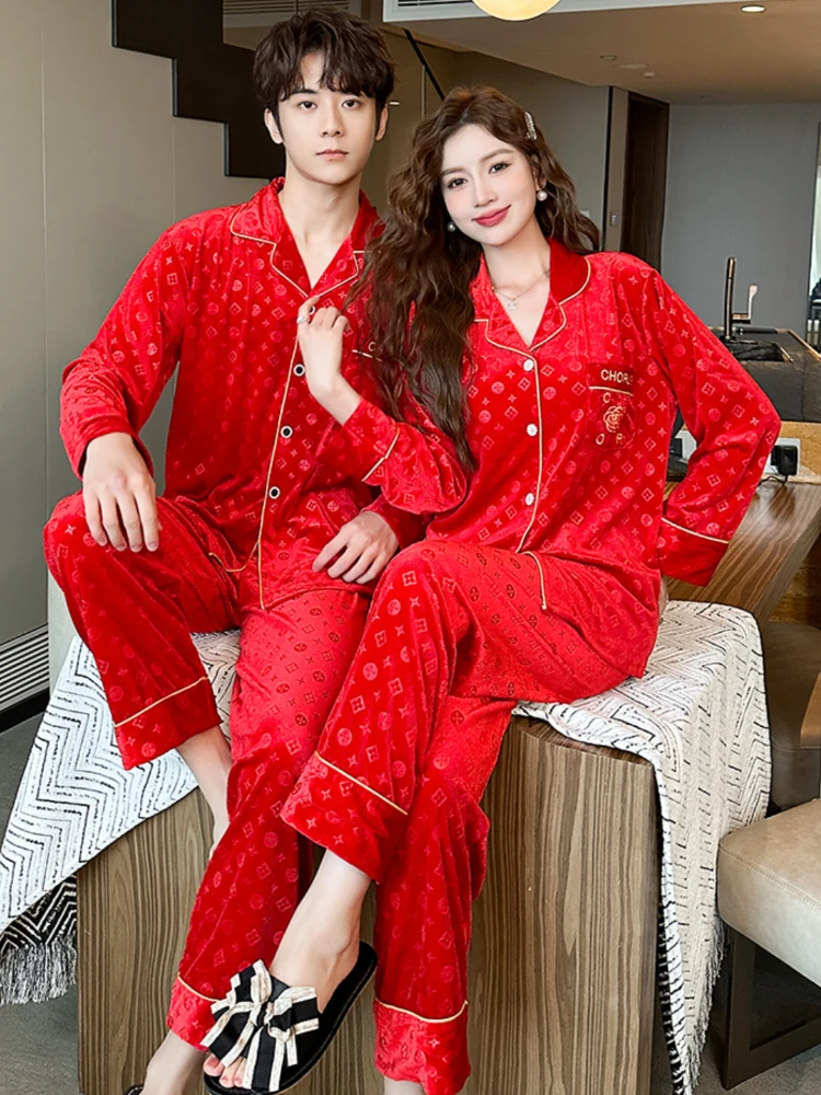 High Quality Gold Velvet Pajamas Women\'s 2024 Spring Autumn New Korean Red Embossed Plus Size Fashion Couple Home Clothes