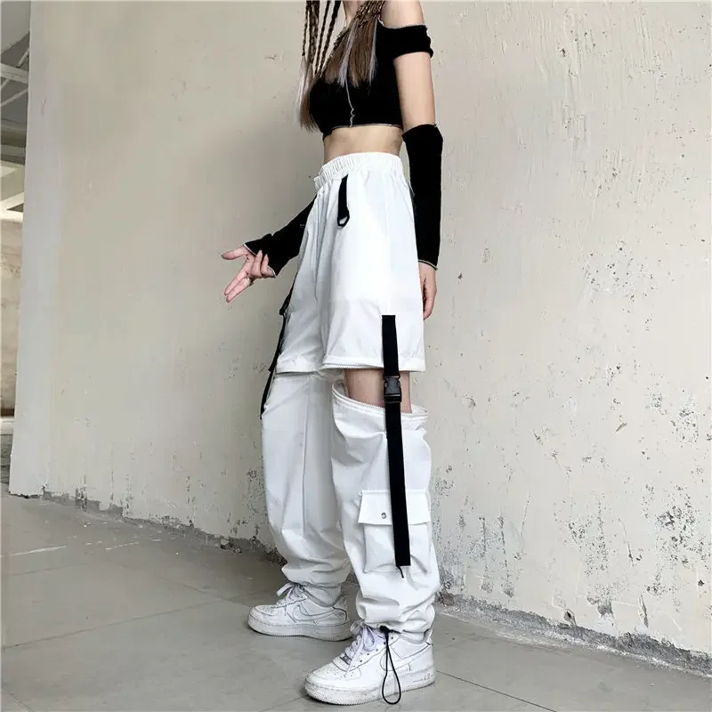 Women Y2k Pants Korean Techwear Emo White Streetwear Cargo Harajuku Loose Patchwortk Alt High Waist Casual Removable Trousers