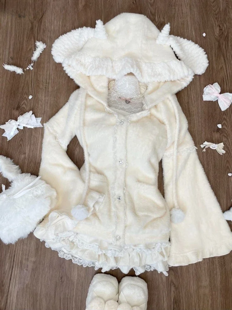 

Y2k Two Pieces Set Sweet Kawaii Ears Hooded Coats + High Waist Patchwork Lace Ruffled Mini Cake Skirts Japanese Fluffy Jackets