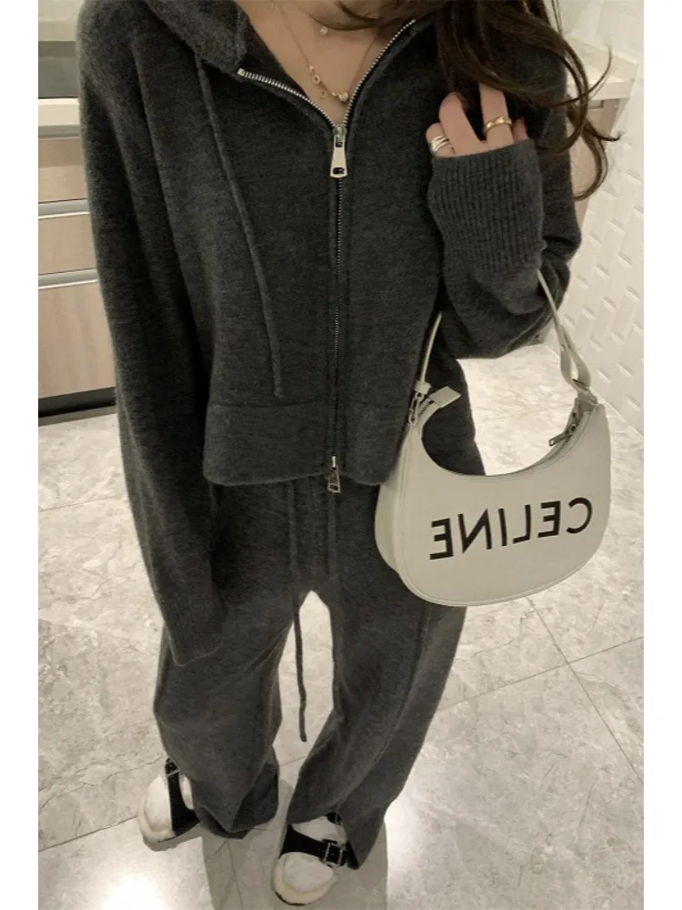 Fashion Loose Pants Sets Women Knitted Two Piece Set Daily Zipper Hooded Sweater Coat Long Drawstring Knitted Pant Autumn Winter