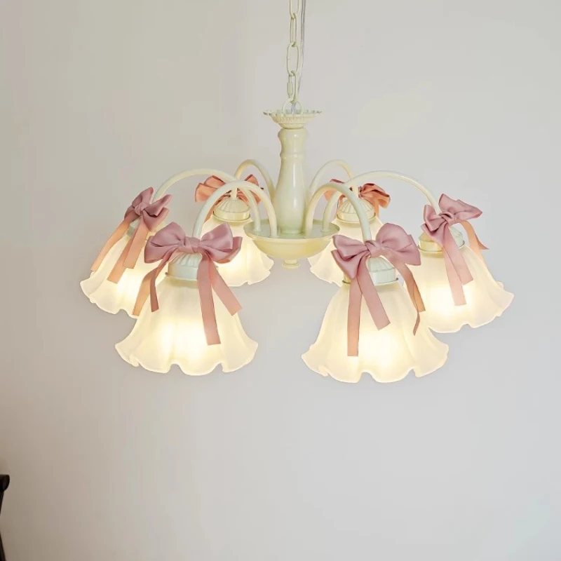 

Sweet Princess Room Chandeliers Pink Bow Glass Lamps Modern Romantic Warm Children's Living Room Girl Bedroom Decor Chandelier